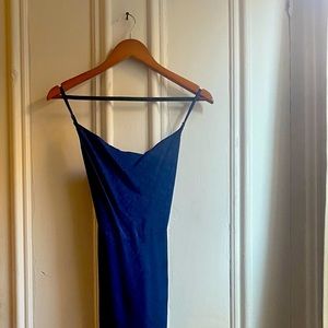 Reformation Blue Jacquard Dress. Floor length. Sultry side slit.